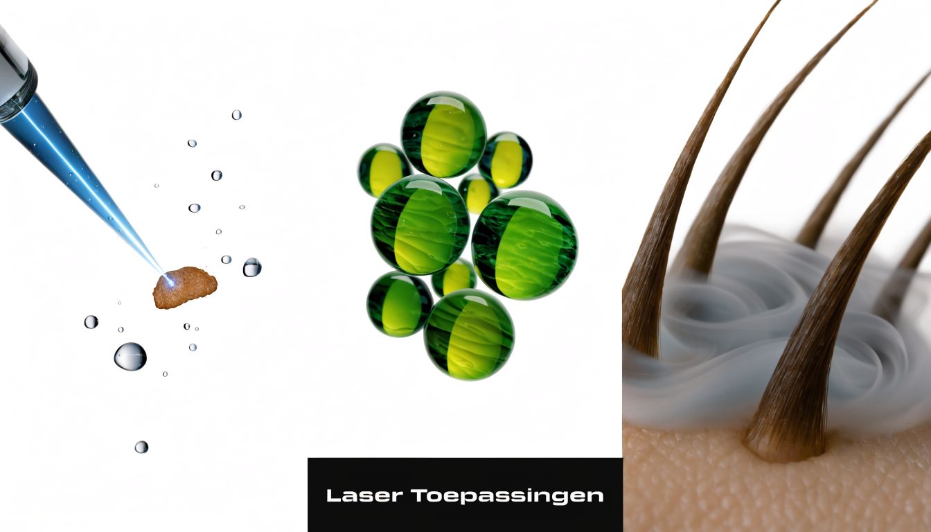 Illustratie van medische laserbehandelingen voor huidverzorging, laserontharing en celstructuren op een witte achtergrond.