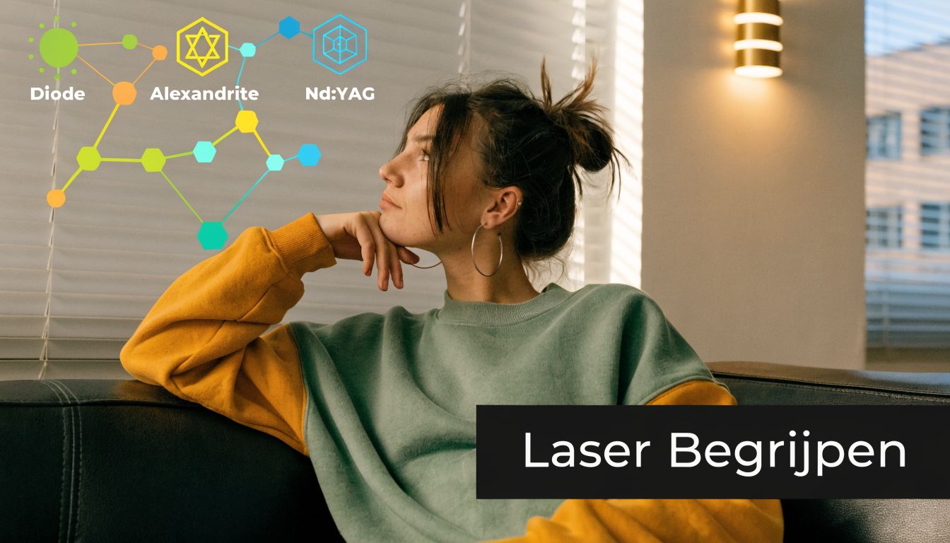 Een jonge vrouw kijkt nadenkend naar een abstracte afbeelding over verschillende typen lasertechnologie voor ontharing.
