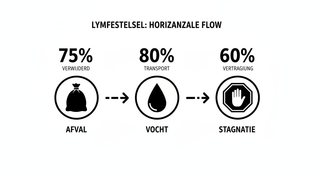 Diagram van het lymfestelsel met horizontale flow, tonend verwijdering, transport en stagnatie met percentages.