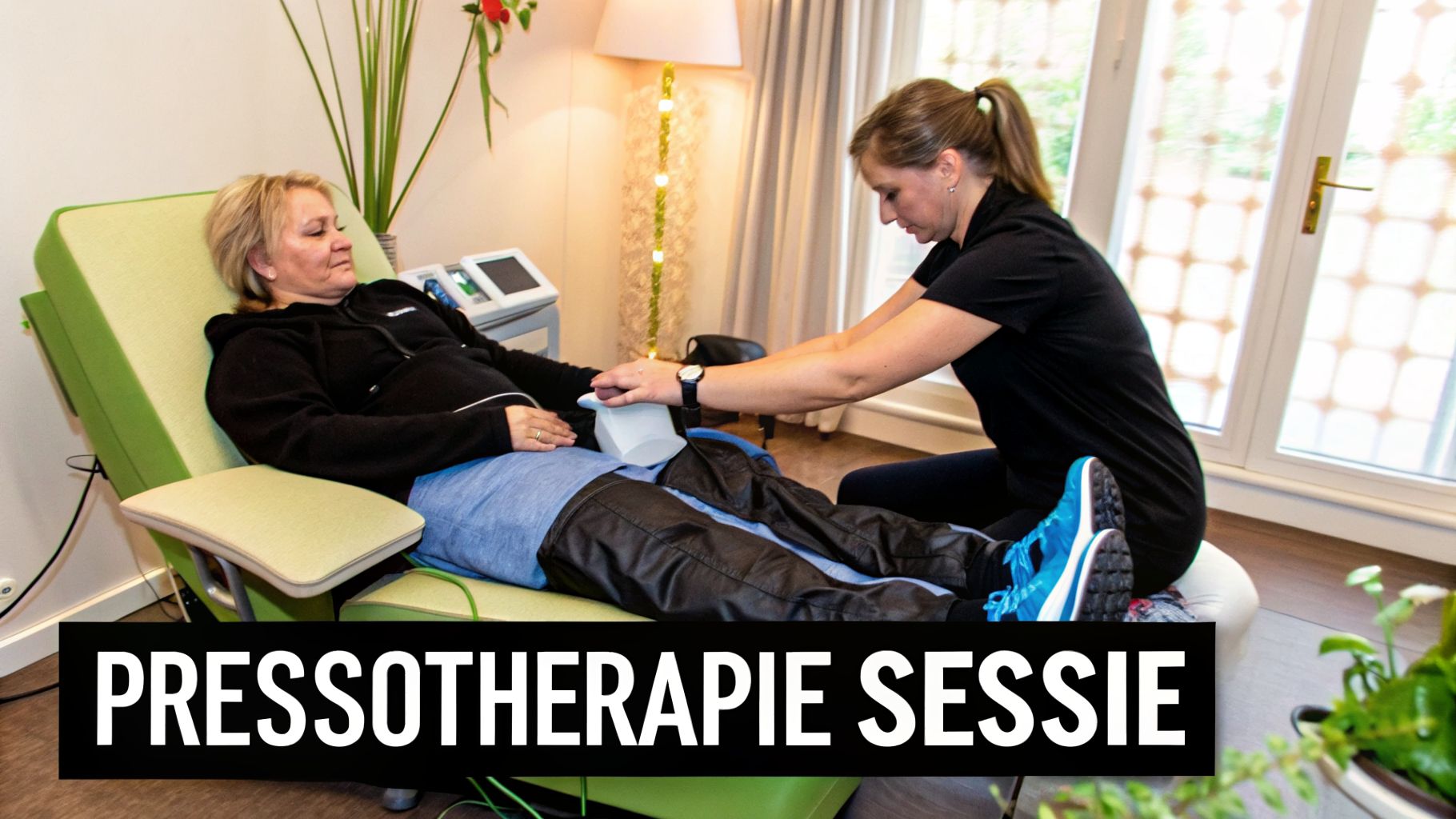 Een vrouw ontvangt een pressotherapie behandeling van een therapeut in een comfortabele stoel.