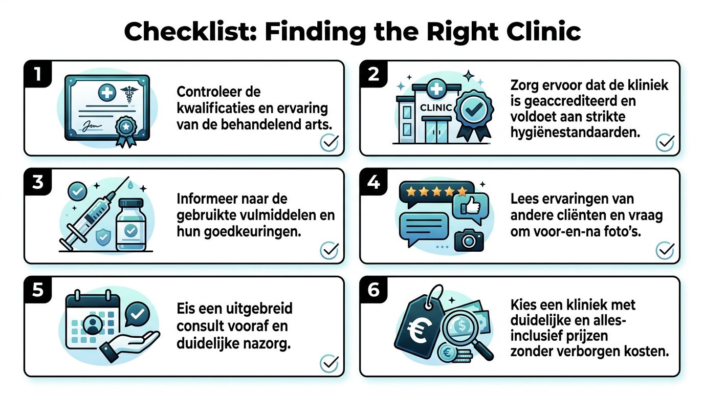 Een checklist met zes stappen voor het vinden van de juiste kliniek voor cosmetische behandelingen en injectables.