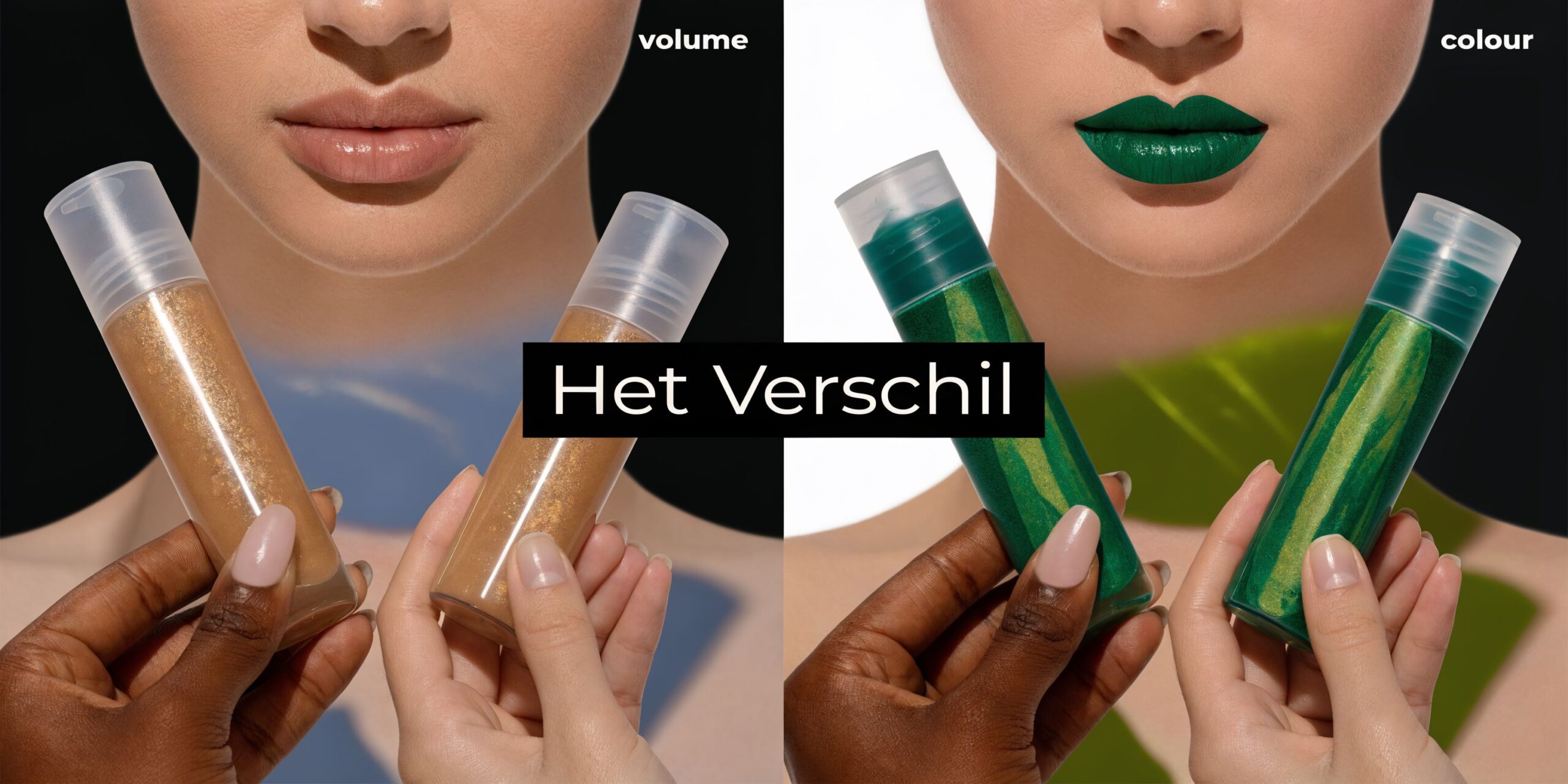 Een vergelijking van lipfillers in Antwerpen, tonend het verschil tussen volume- en kleurrijke resultaten op lippen.