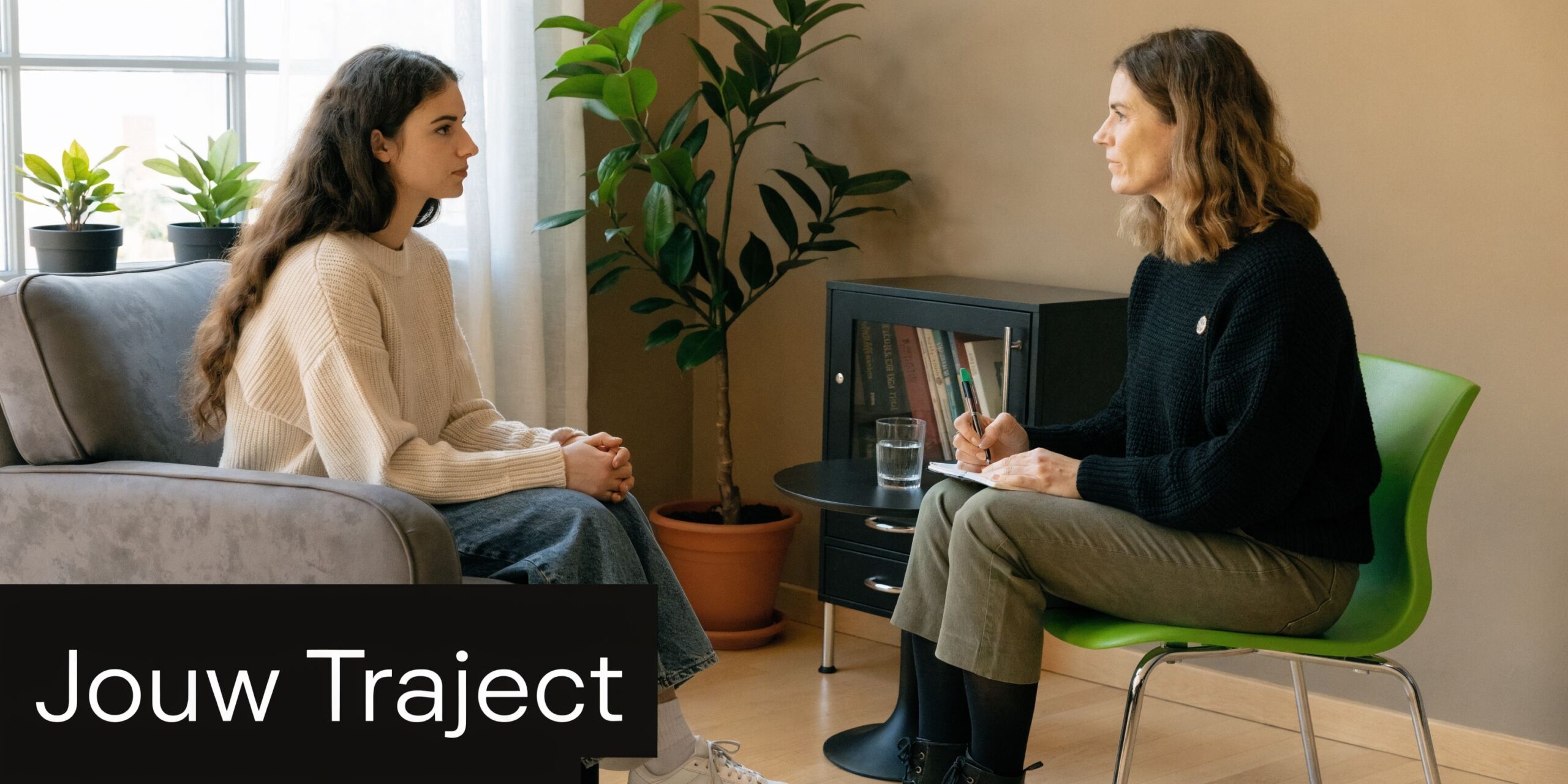 Een therapeut voert een gesprek met een jonge cliënt in een rustige en professionele praktijkruimte.