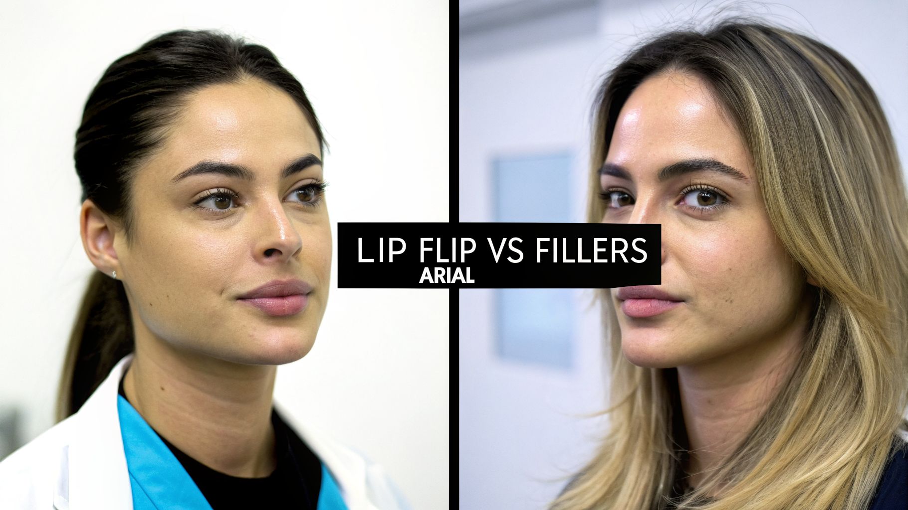 Twee vrouwen vergelijken de effecten van een lip flip versus fillers op hun lippen, in een split-screen weergave.