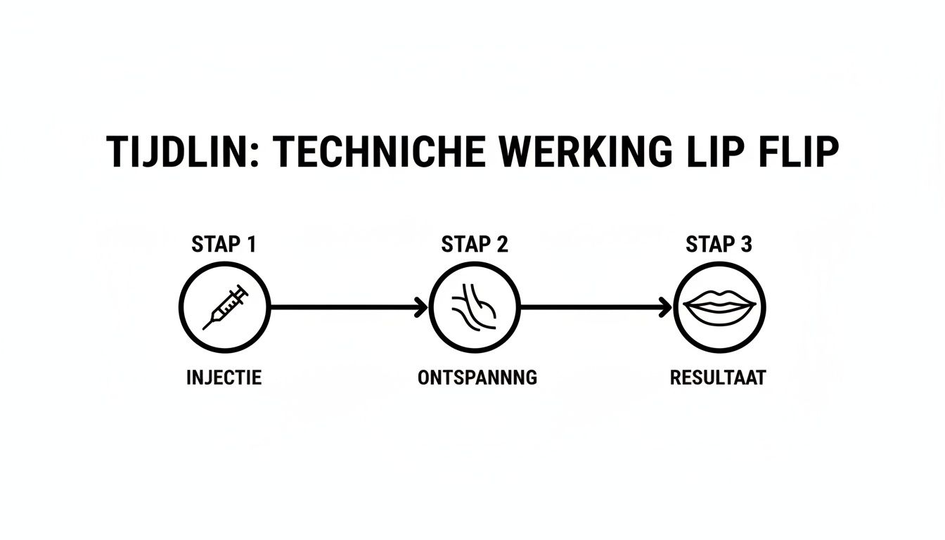 Tijdlijn van de technische werking van een Lip Flip behandeling, inclusief injectie, ontspanning en resultaat.