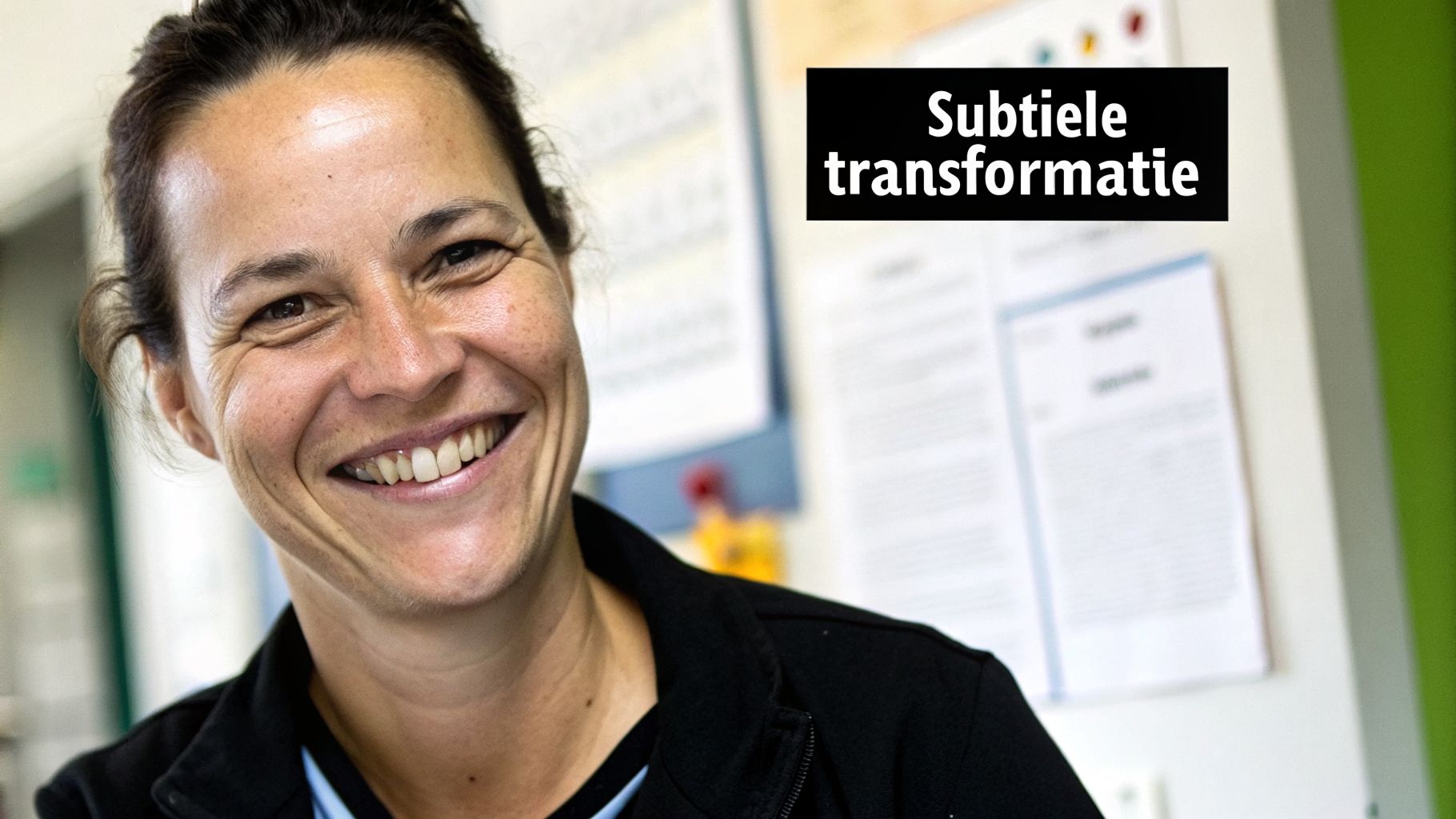 Een lachende vrouw met donker haar en sproetjes, gekleed in een zwart jack, kijkt vriendelijk naar de camera.