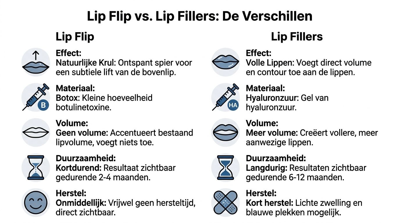 Een infographic met de verschillen tussen lip flip met Botox en lip fillers met hyaluronzuur in het Nederlands.