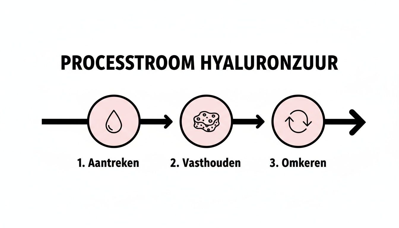 Stroomschema voor hyaluronzuur met drie stappen: aantrekken (waterdruppel), vasthouden (spons) en omkeren (vernieuwen).