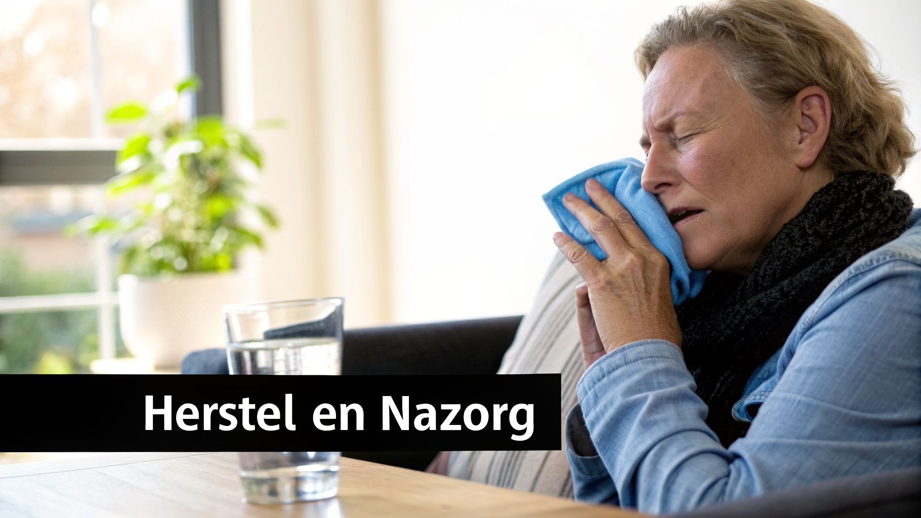 Een oudere vrouw met gesloten ogen houdt een blauwe doek tegen haar gezicht. Dit illustreert herstel en nazorg.