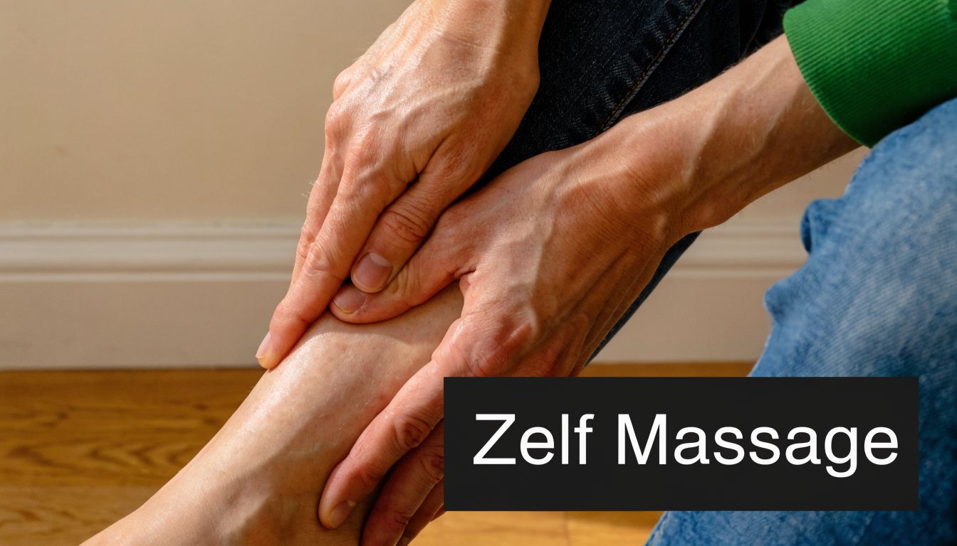 Een persoon voert een ontspannende zelfmassage uit op het onderbeen met de handen op de huid.