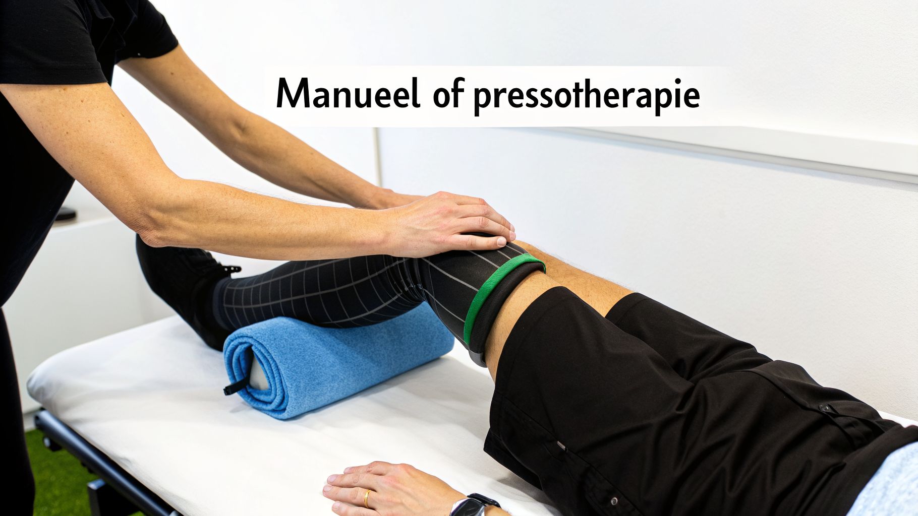 Een therapeut behandelt het been van een patiënt op een behandeltafel, mogelijk met manuele therapie of pressotherapie.