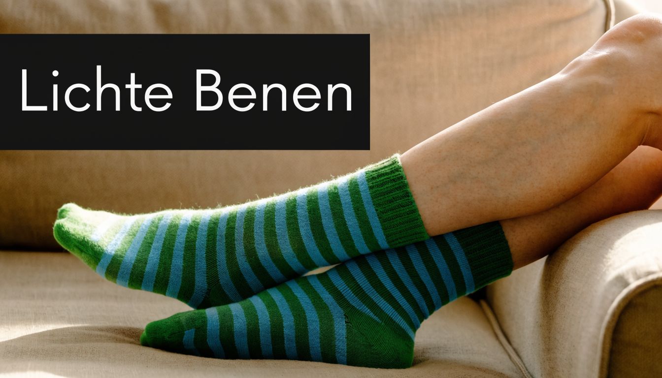 Een persoon met blote benen die op een bank ligt, dragend comfortabele groen met blauw gestreepte sokken.