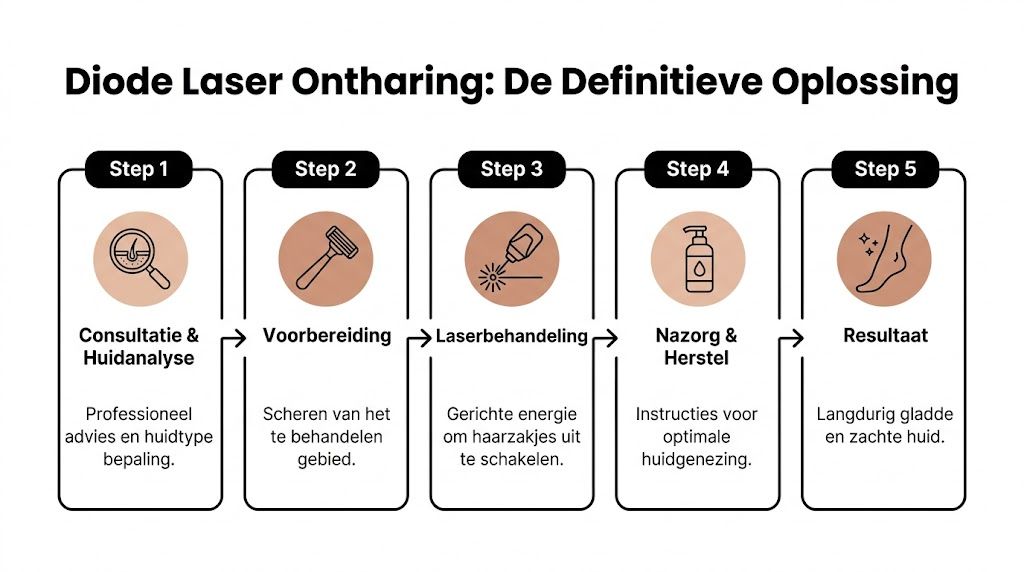 Stappenplan voor diode laser ontharing van consultatie tot resultaat voor een gladde en zachte huid.
