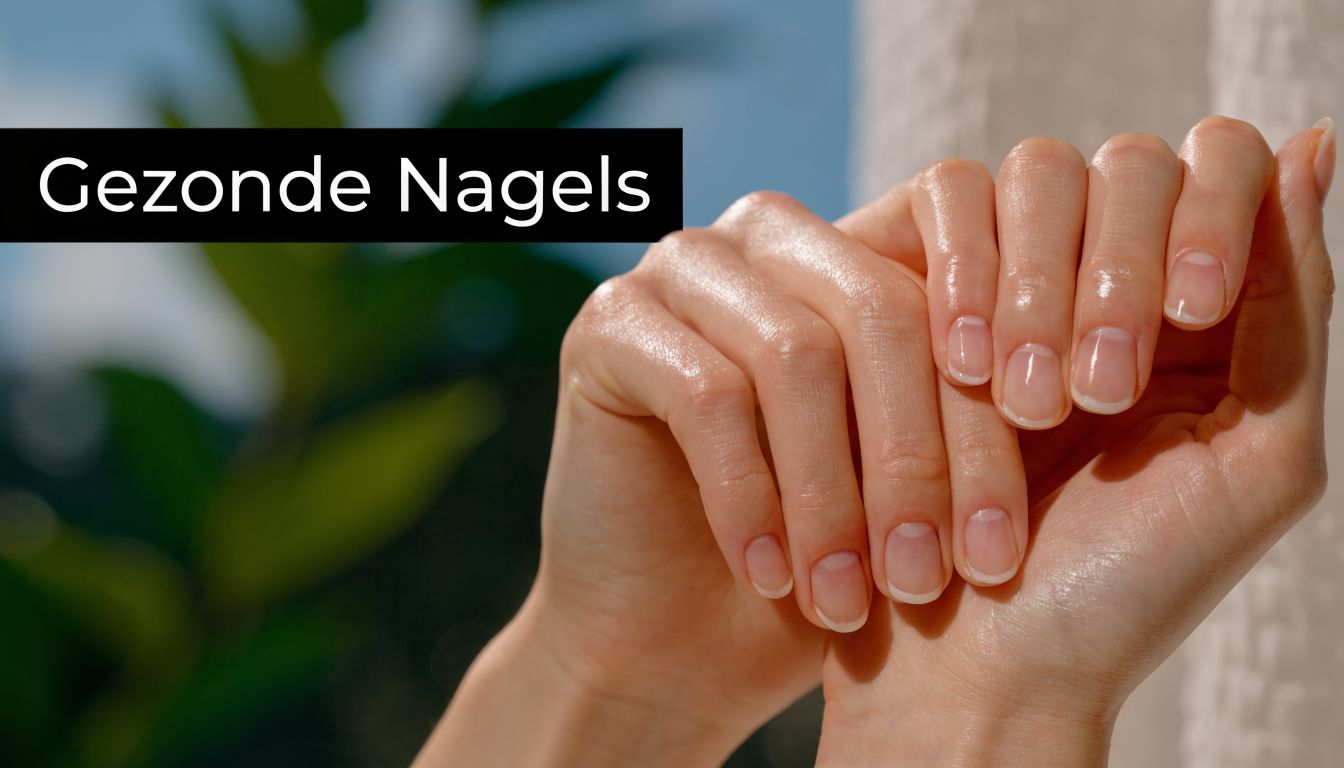 Twee verzorgde handen met natuurlijke, glanzende nagels tegen een wazige achtergrond van groene bladeren en daglicht.