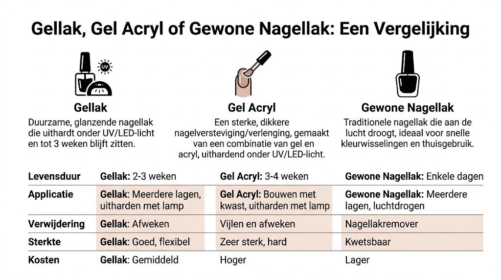 Een vergelijkingstabel tussen gellak, gel acryl en gewone nagellak met details over levensduur, applicatie en eigenschappen.