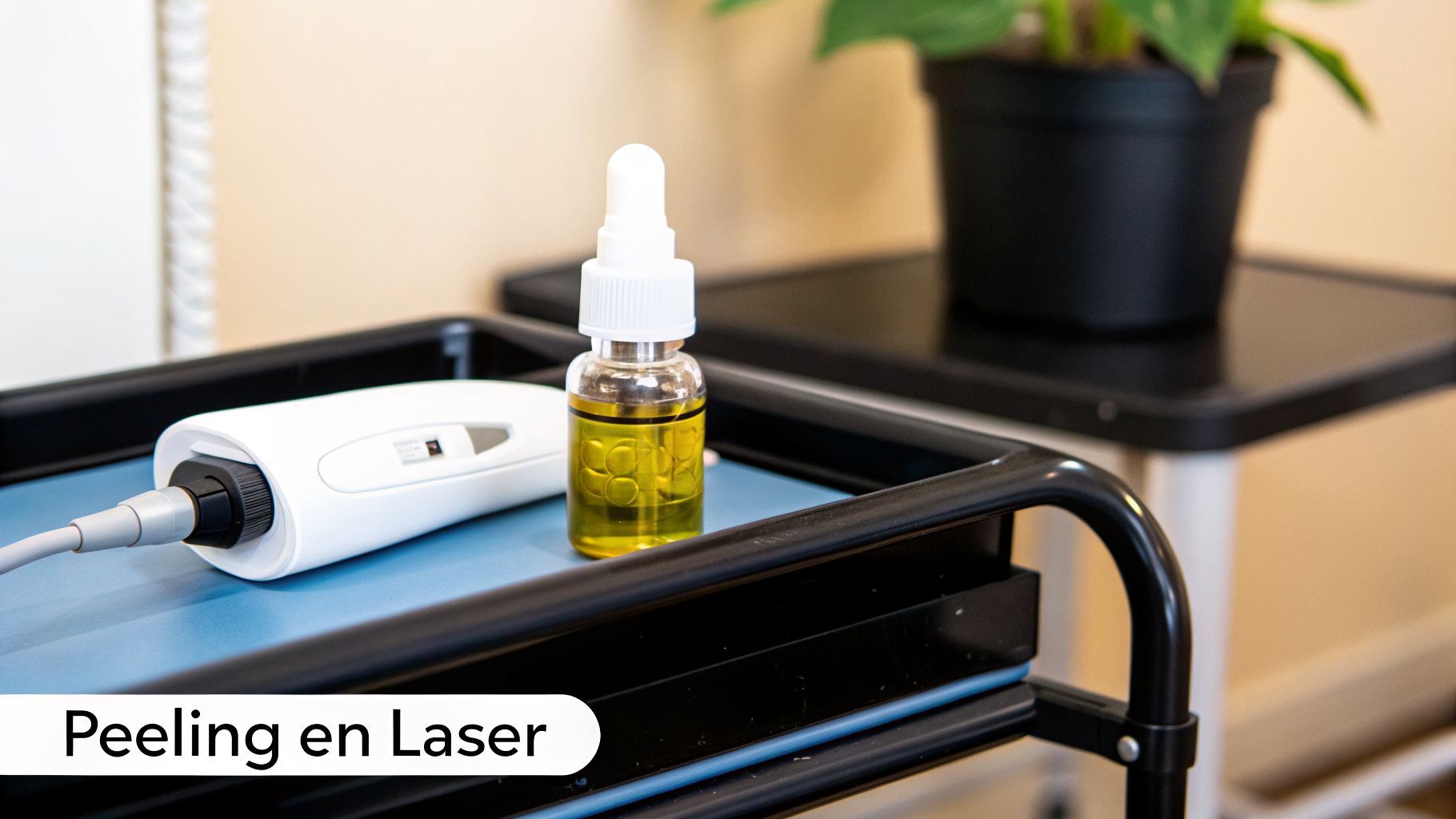 Apparatuur en een flesje met gele vloeistof op een kar, klaar voor peeling- of laserbehandelingen.
