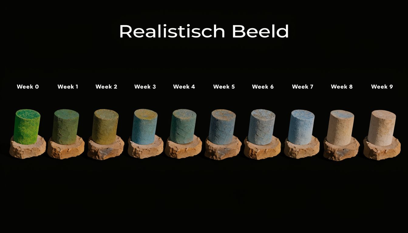 Een overzicht van tien cilinders die de kleurvervaging van permanente make-up gedurende negen weken laten zien.