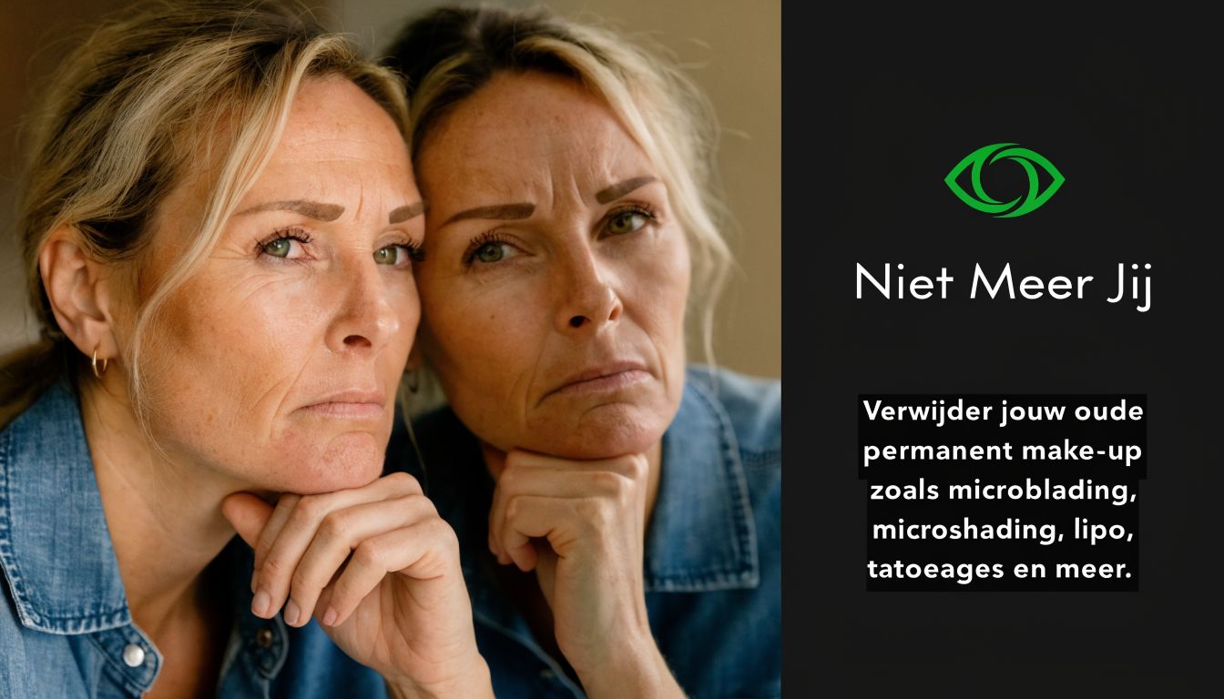 Een vrouw kijkt kritisch in de spiegel naar haar wenkbrauwen voor permanente make-up verwijdering.