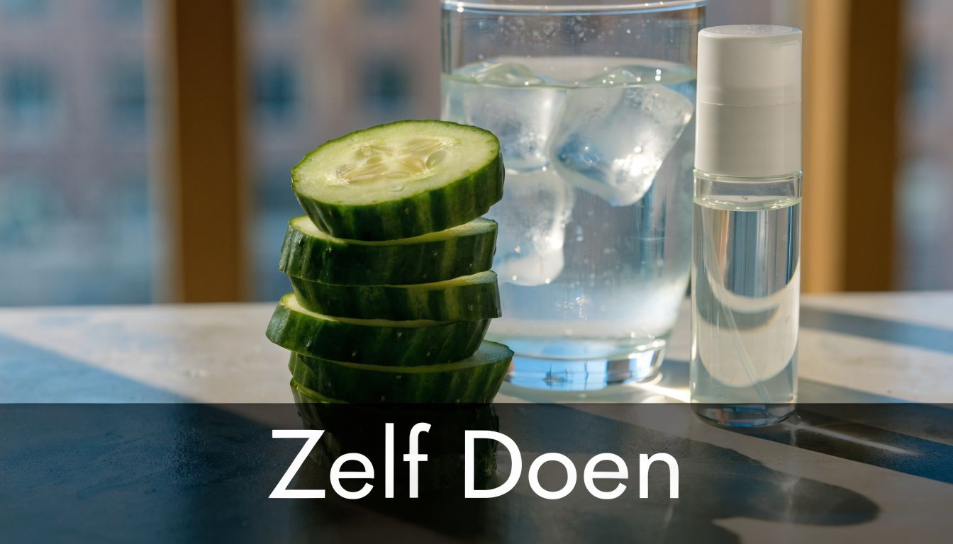 Schijfjes komkommer, een glas water met ijsblokjes en een flesje huidverzorging op een tafel voor een raam.