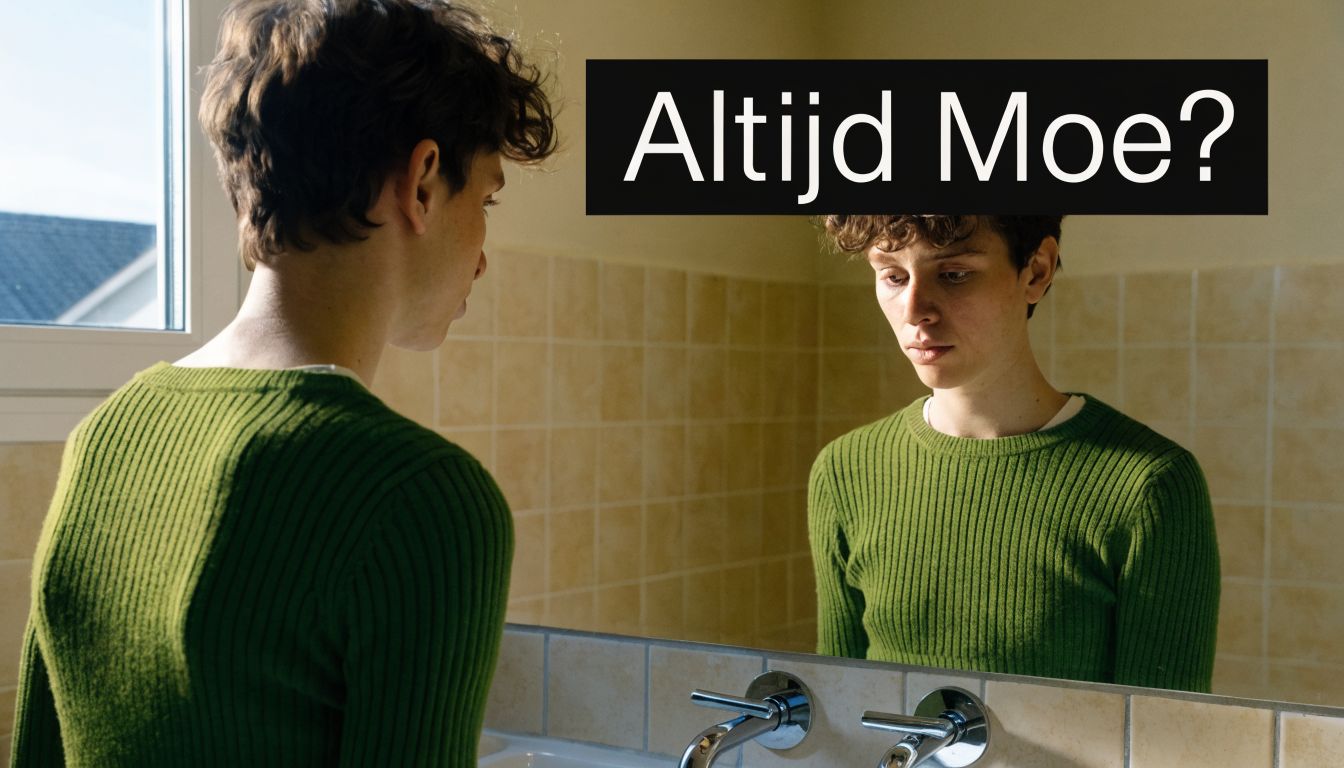 Een vermoeide jonge persoon kijkt in de badkamerspiegel met de tekst Altijd Moe? erboven afgebeeld.