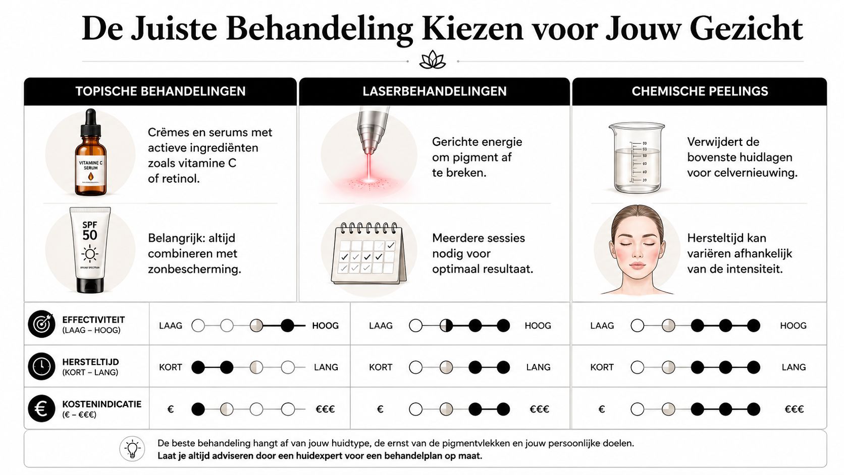 Een overzicht van verschillende behandelingen voor pigmentvlekken in het gezicht, inclusief effectiviteit, hersteltijd en kostenindicatie.