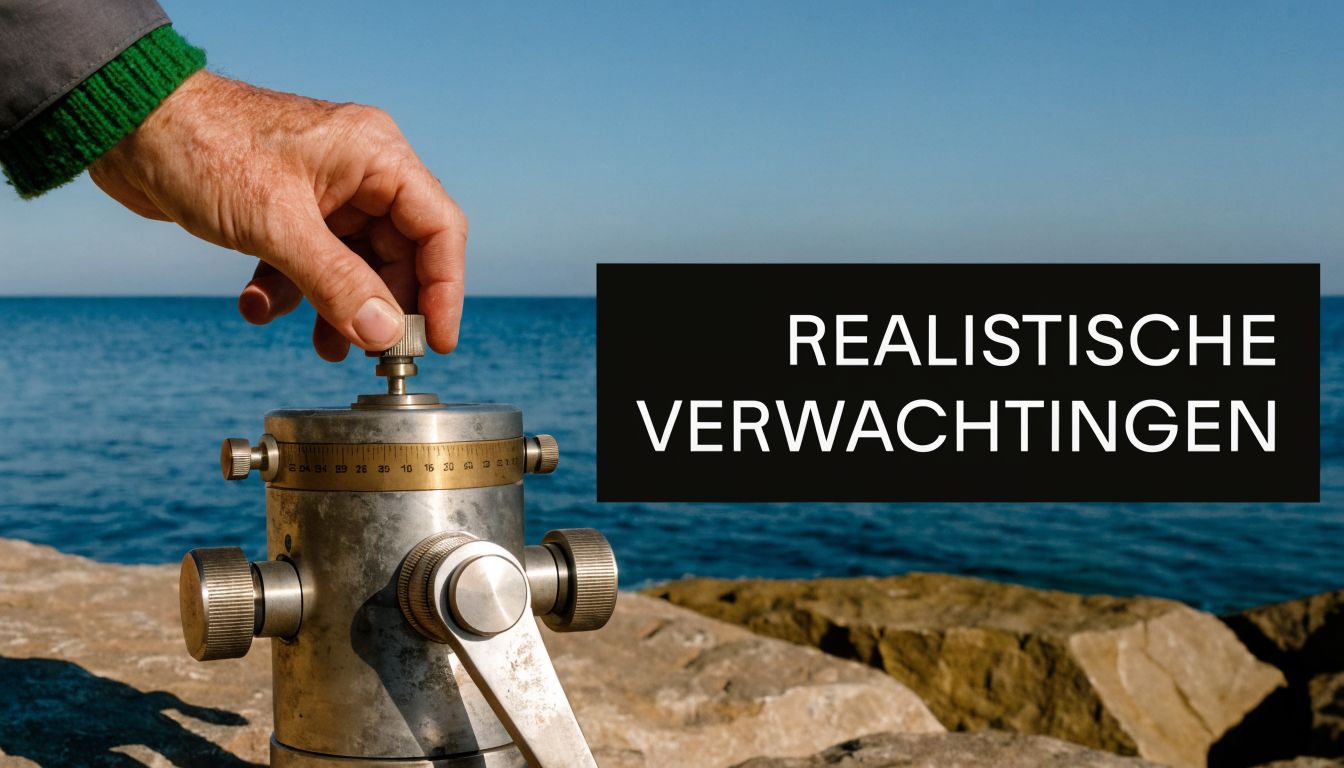 Een hand die een metalen meetinstrument afstelt bij een rustige zee met de tekst realistische verwachtingen.