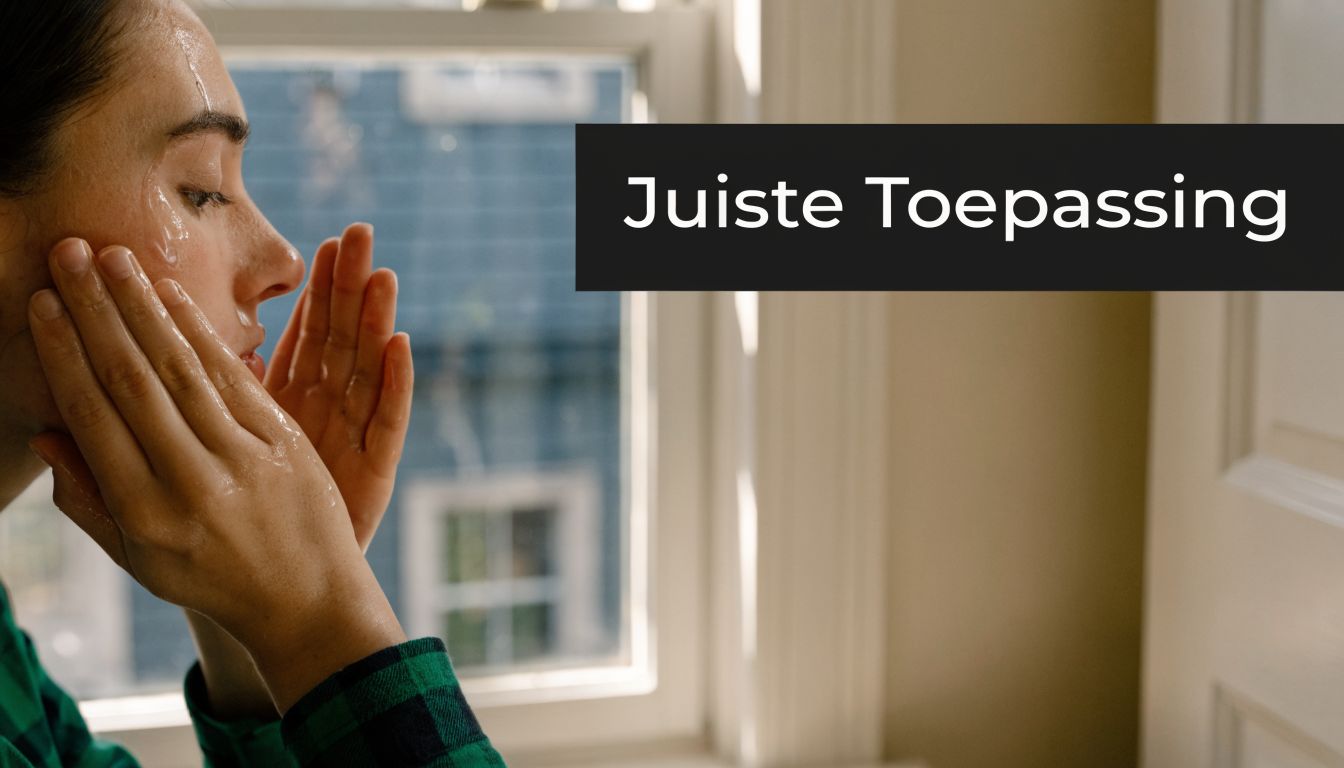 Een jonge vrouw brengt zachtjes een verzorgend serum aan op haar gezicht bij natuurlijk daglicht.