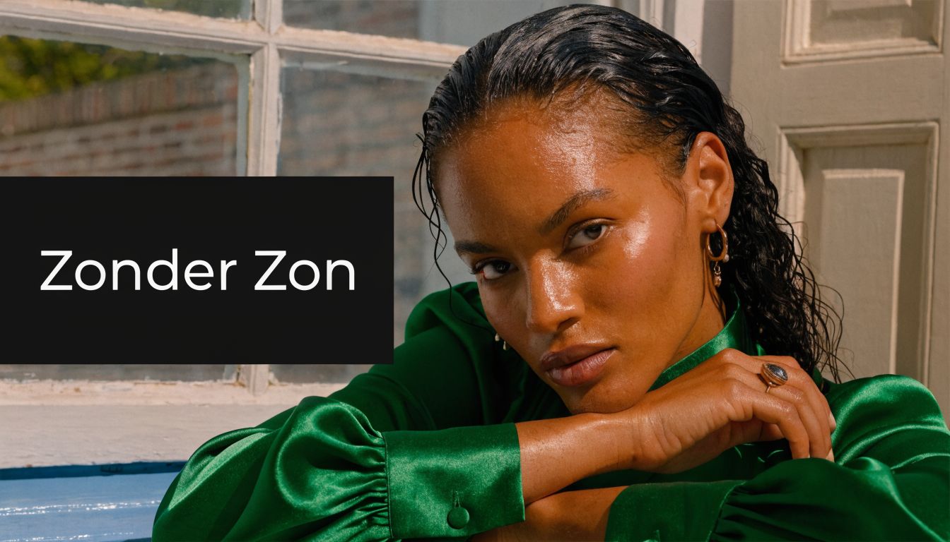 Een vrouw met een prachtige, stralende gebruinde huid draagt een elegante satijnen groene blouse in het zonlicht.