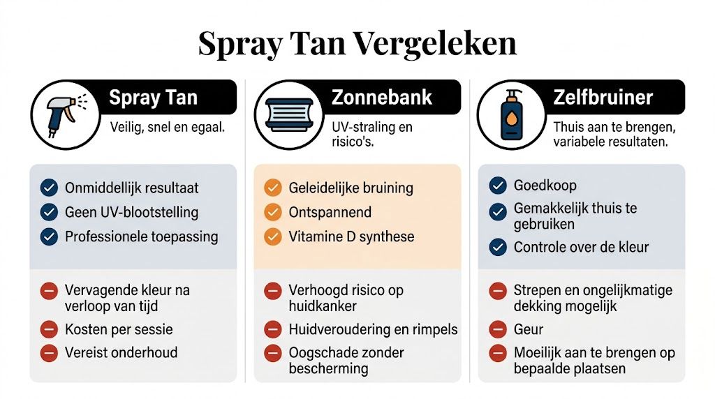 Een overzichtelijke vergelijkingstabel van spray tan, zonnebank en zelfbruiner met hun voor- en nadelen.