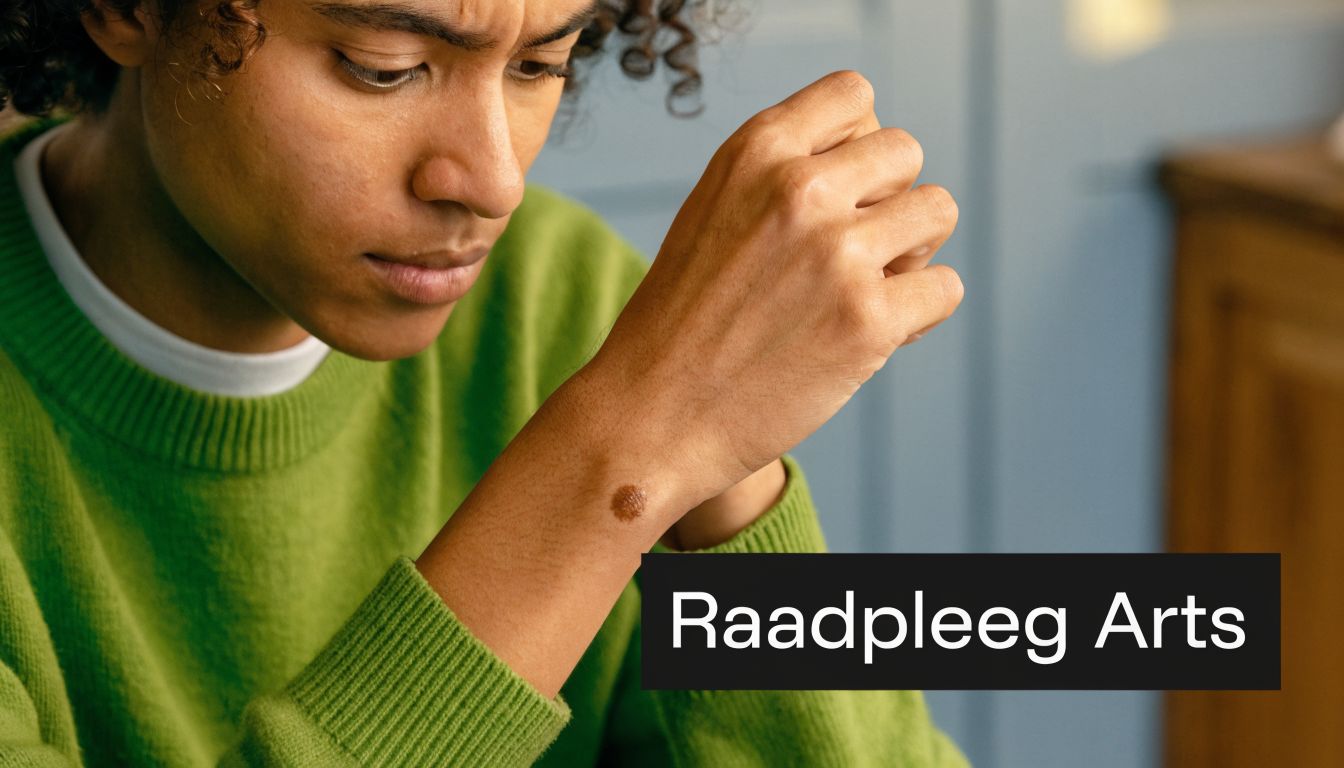 Een persoon kijkt bezorgd naar een donkere vlek op zijn arm, wat medisch advies suggereert.