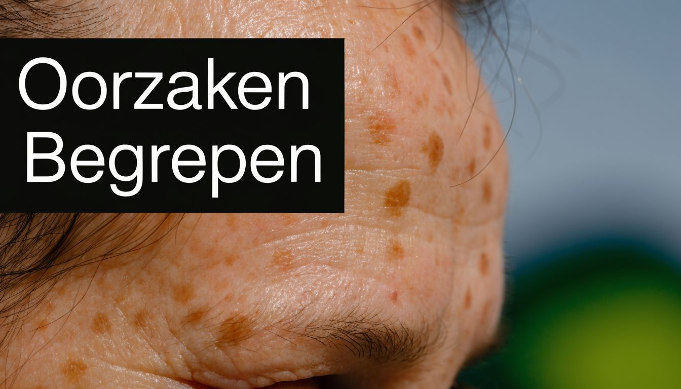 Een close-up van een voorhoofd met diverse bruine vlekken op de huid en tekst over oorzaken begrijpen.