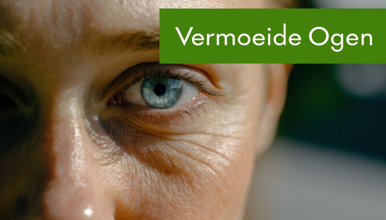 Een close-up opname van een menselijk oog met zichtbare wallen en rimpels, passend bij vermoeide ogen.