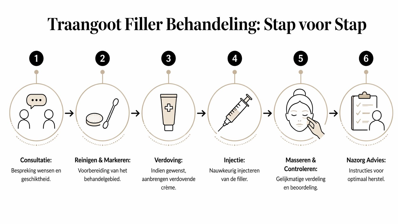 Een stappenplan voor een traangoot filler behandeling, weergegeven met iconen voor consultatie, reiniging, verdoving, injectie, massage en nazorg.