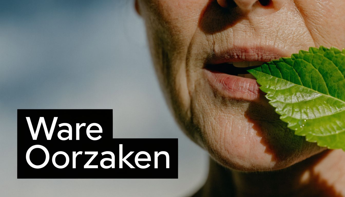 Een close-up van de mond van een ouder persoon die een groene plantenblad vasthoudt bij de lippen.