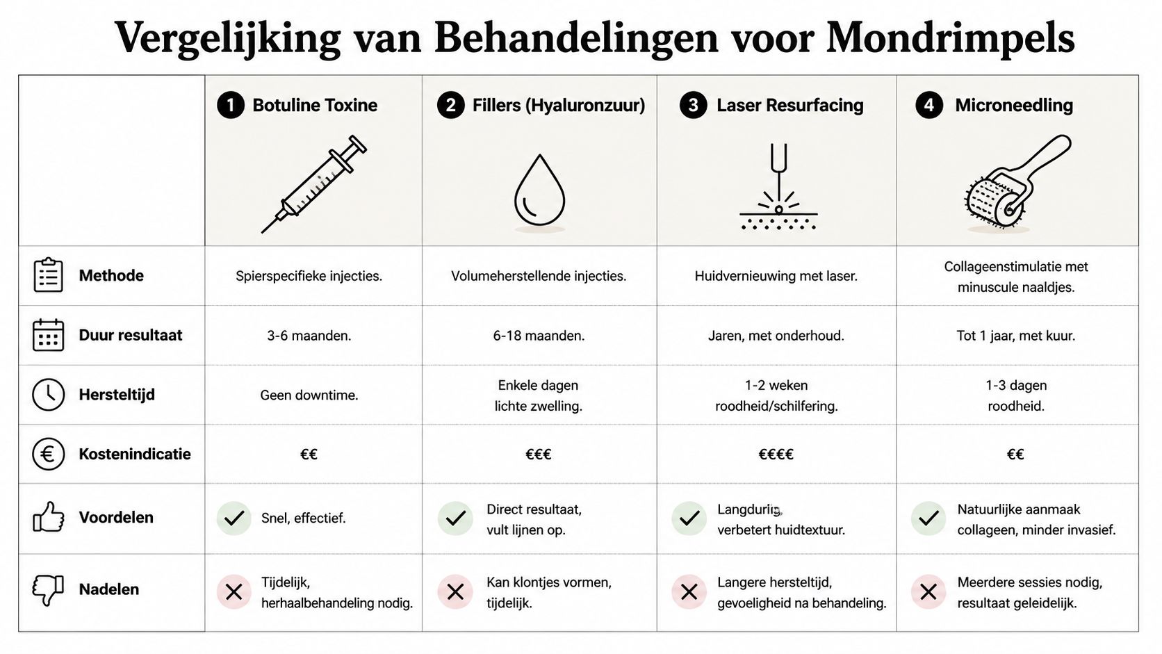 Vergelijkingstabel van diverse medische behandelingen voor het effectief verminderen van rimpels rond de mond.
