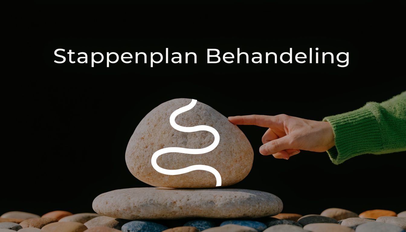 Een hand die een steen met een wit kronkelig lijntje aanwijst, symbool voor een gestructureerd behandelplan.