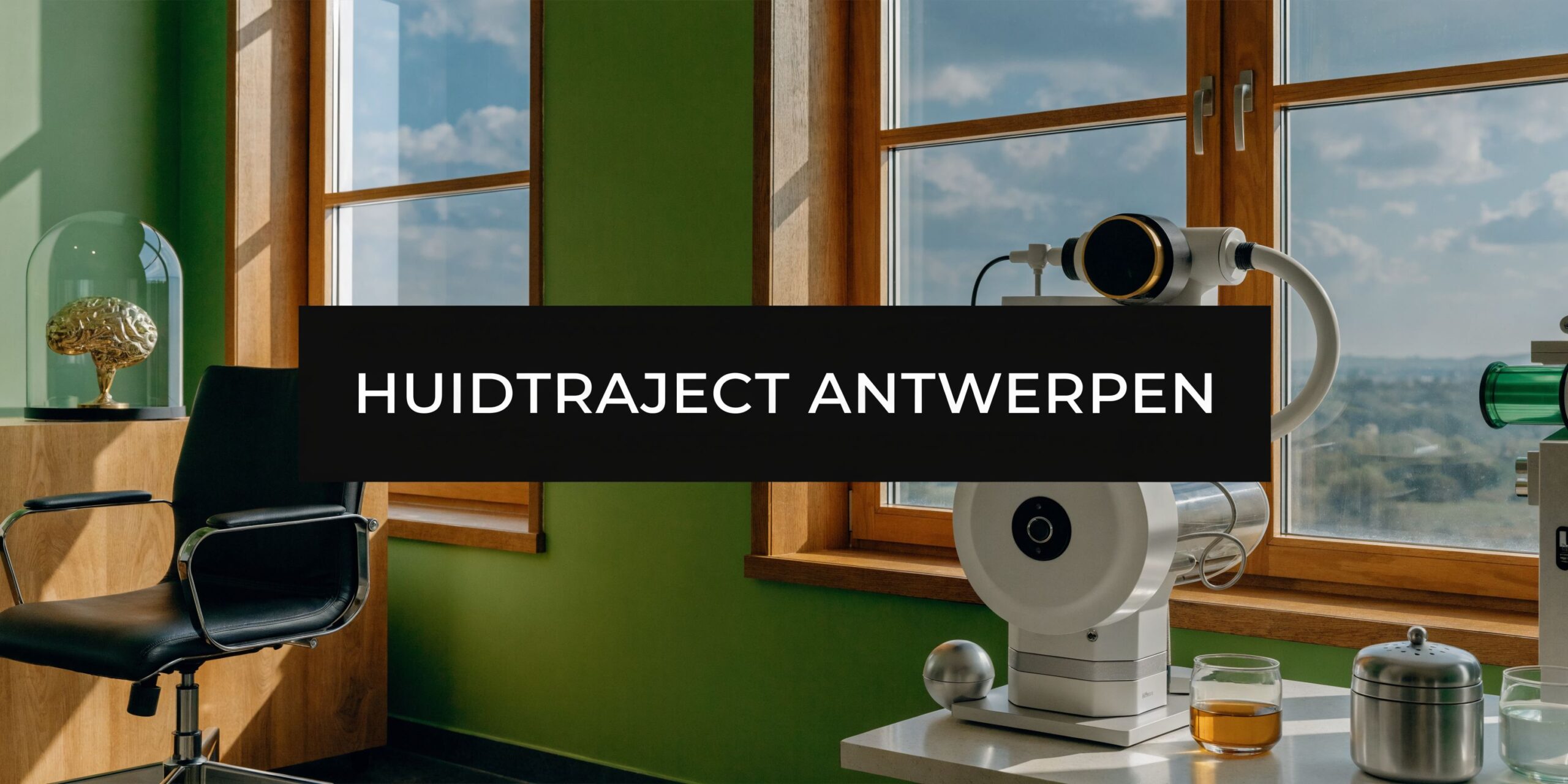 Een moderne medische behandelkamer met geavanceerde apparatuur en een gouden hersenmodel in een rustige, zonnige ruimte.