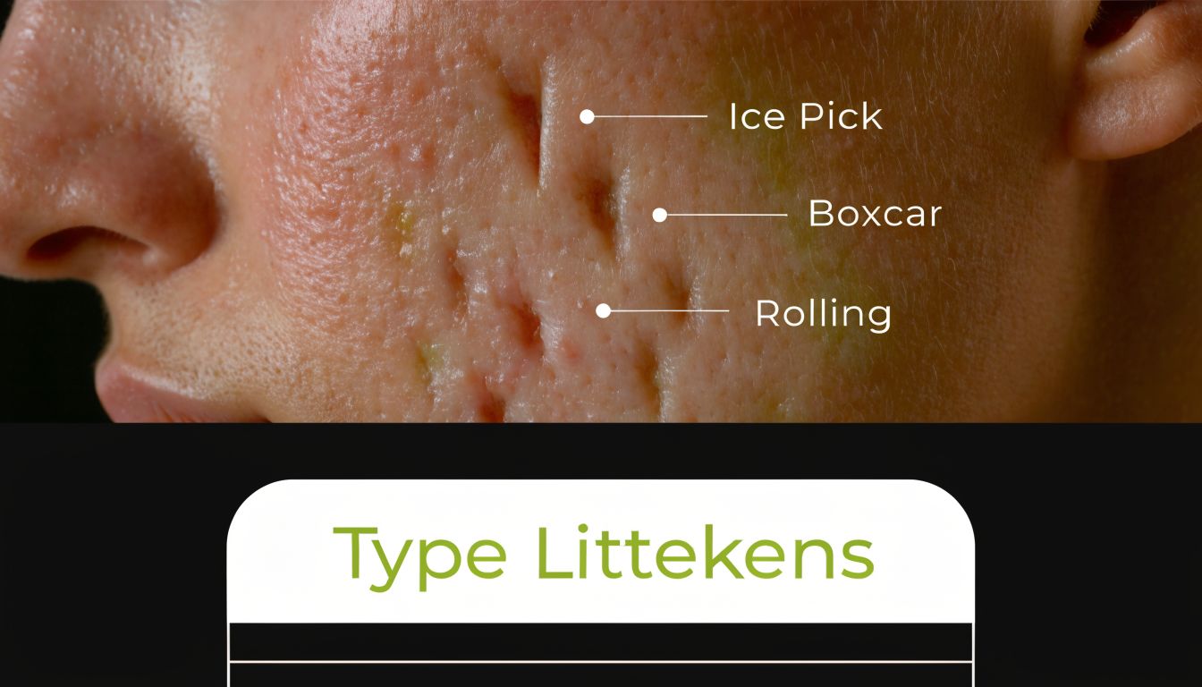 Een close-up van een gezicht met verschillende soorten acne littekens, waaronder ice pick, boxcar en rolling littekens.