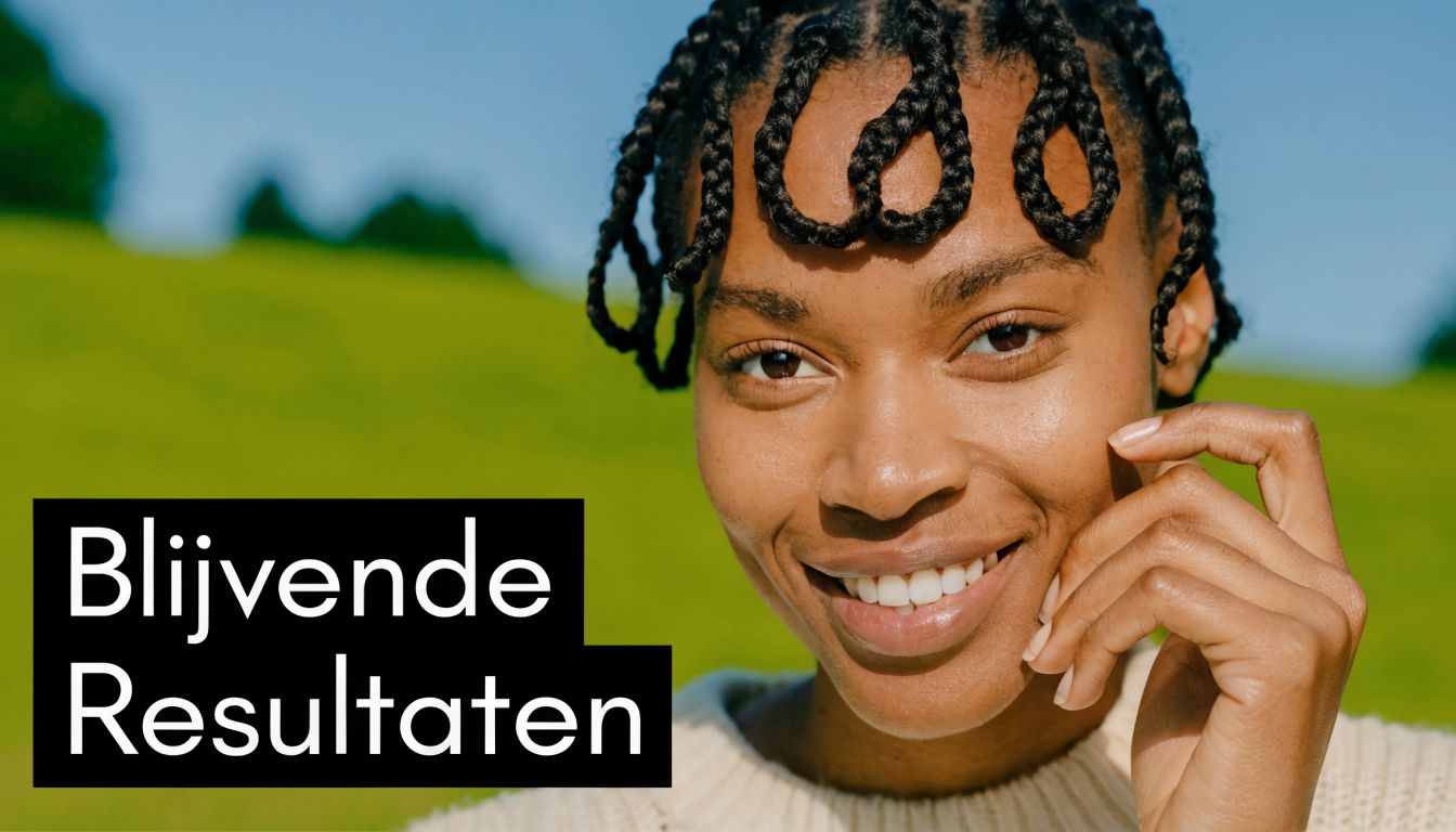 Een jonge vrouw met een stralende huid lacht tevreden terwijl zij haar gezicht zachtjes aanraakt.