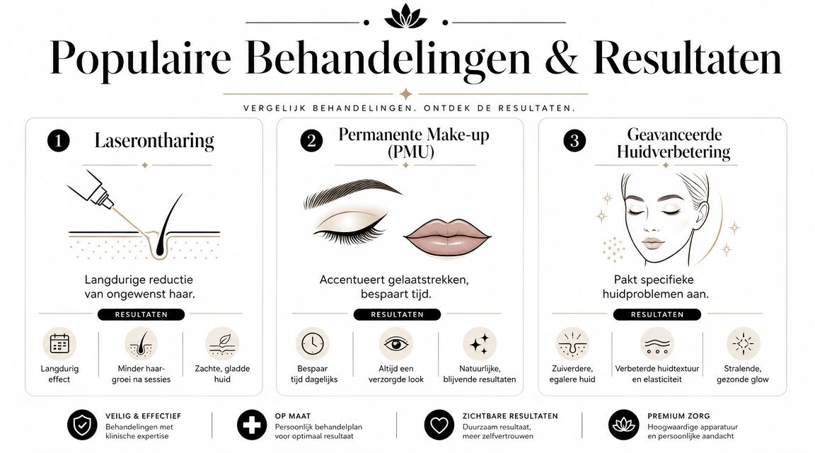 Overzicht van populaire esthetische behandelingen zoals laserontharing, permanente make-up en geavanceerde huidverbetering in een professionele kliniek.