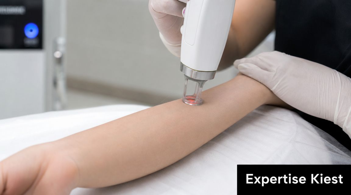 Een schoonheidsspecialist voert een laserbehandeling uit op de onderarm van een cliënt in een professionele kliniek.