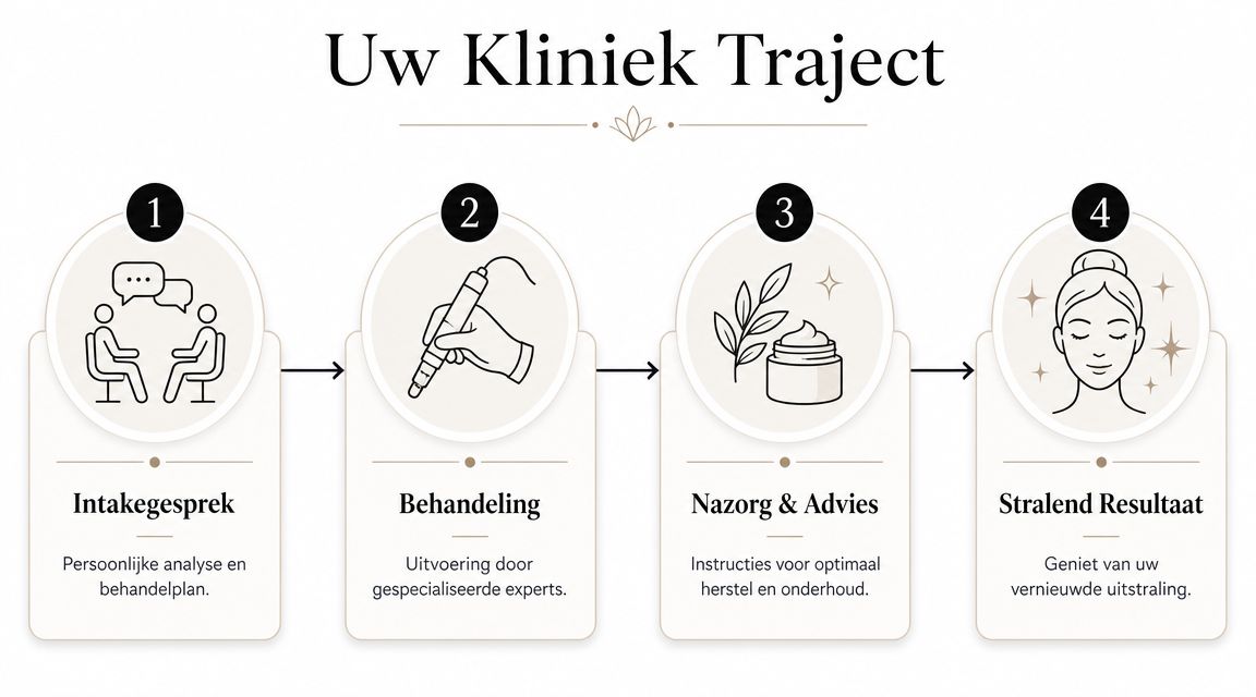 Stappenplan van uw kliniek traject met advies, behandeling en resultaat voor een optimale huidverzorgingservaring.