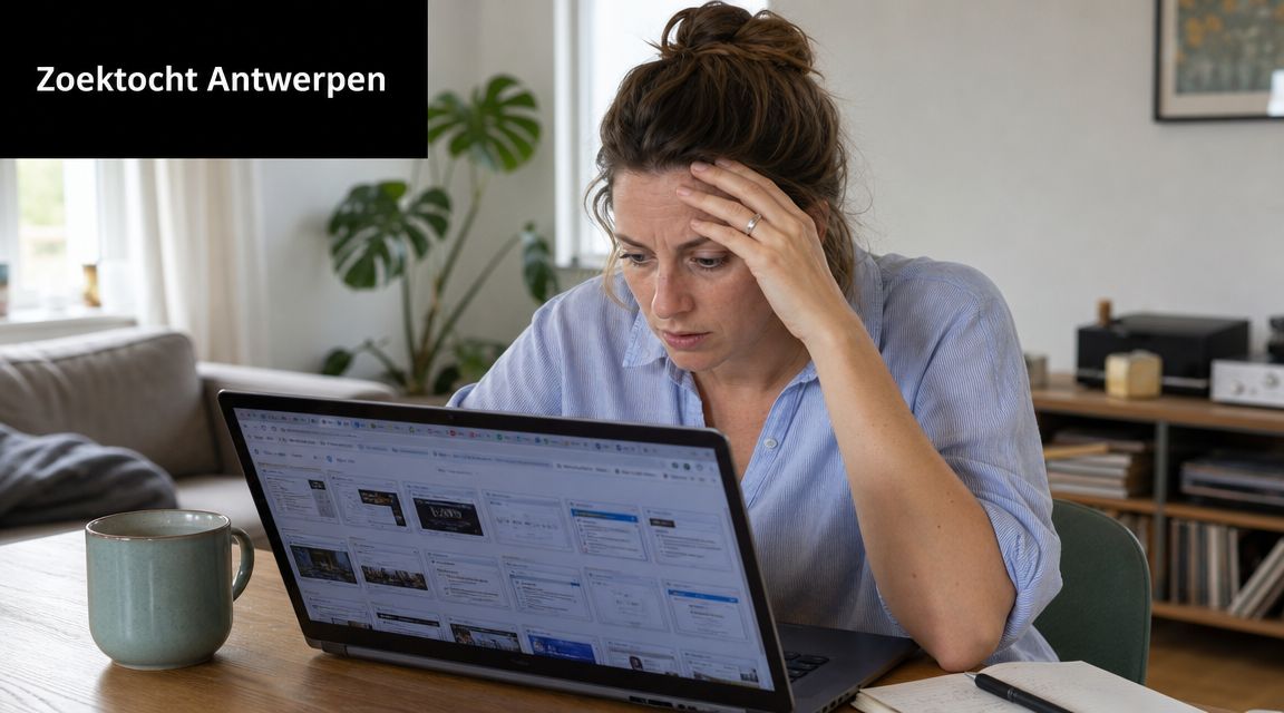 Een geconcentreerde vrouw die achter haar laptop zit en informatie opzoekt over een schoonheidskliniek in Antwerpen.