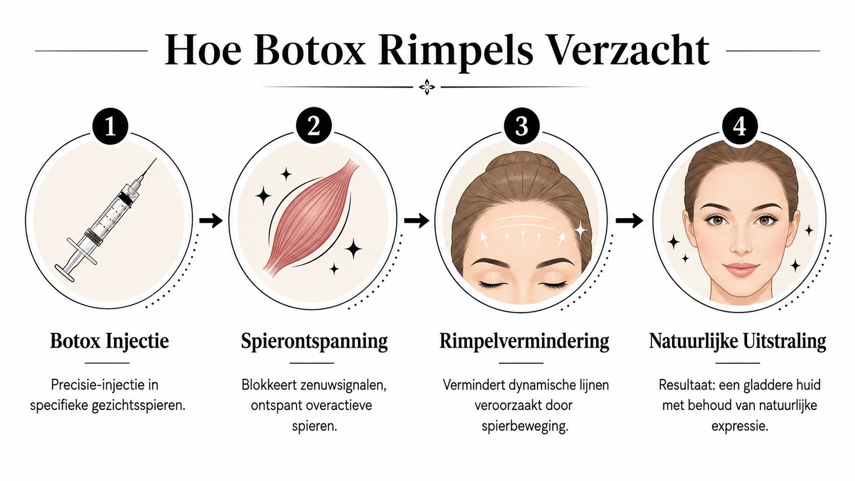 Een informatieve infographic die in vier stappen uitlegt hoe Botox-injecties rimpels verzachten en de huid gladder maken.