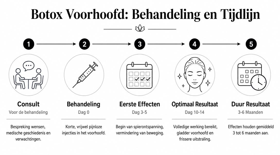 Een infographic die de stappen en tijdlijn van een Botox-behandeling voor het voorhoofd visueel weergeeft.