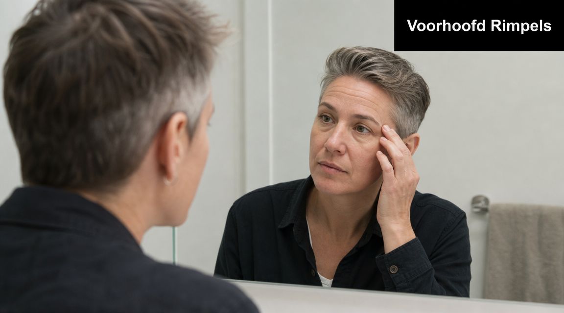 Een vrouw met kort grijs haar kijkt in de spiegel naar de rimpels op haar voorhoofd.