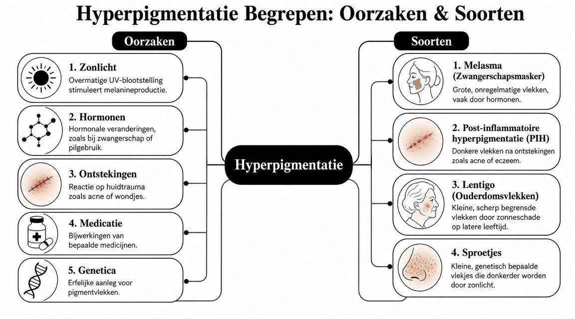 Een overzichtelijke infographic die de verschillende oorzaken en soorten van hyperpigmentatie op de huid in kaart brengt.