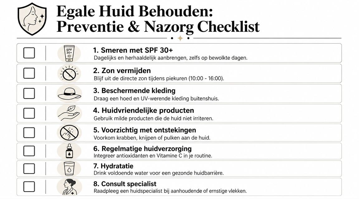 Een checklist met acht stappen voor preventie en nazorg om een egale huid te behouden.