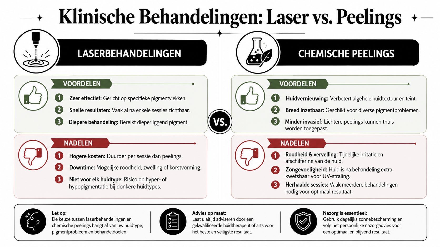 Een informatieve infographic die de voor- en nadelen van laserbehandelingen vergelijkt met chemische peelings voor huidverzorging.