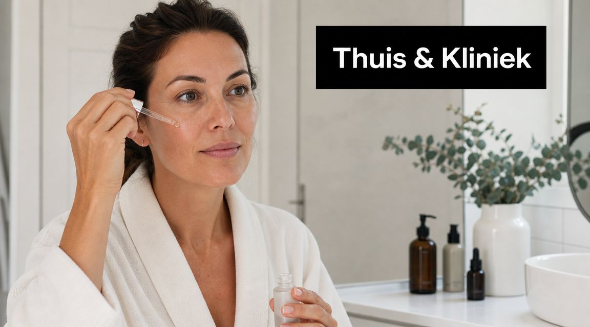 Een vrouw in een badjas brengt een serum aan op haar gezicht voor een stralende huidverzorgingsroutine.